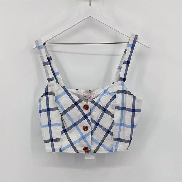 Red Carter Blue Plaid Linen Button Front Crop Top - Picture 4 of 8